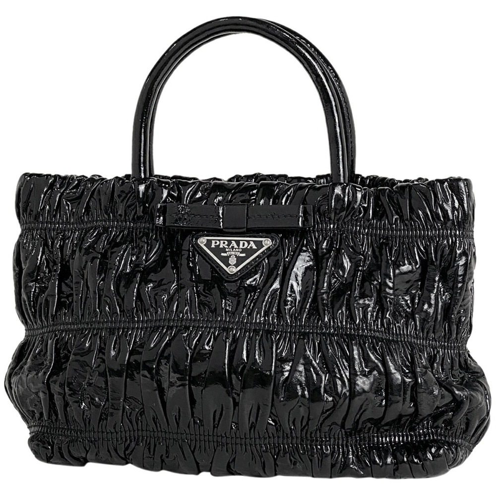 Prada Logo Plate Handbag Bag Gathered Patent Vernis Leather Nero Black